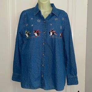 At Last Sportswear Holiday/Christmas blue denim shirt with embroidered penguins